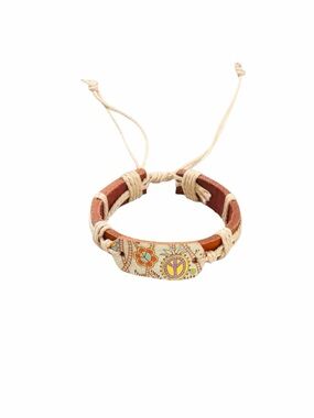 Bohemian Leather Bracelet with Peace Symbols And Floral Design NEW